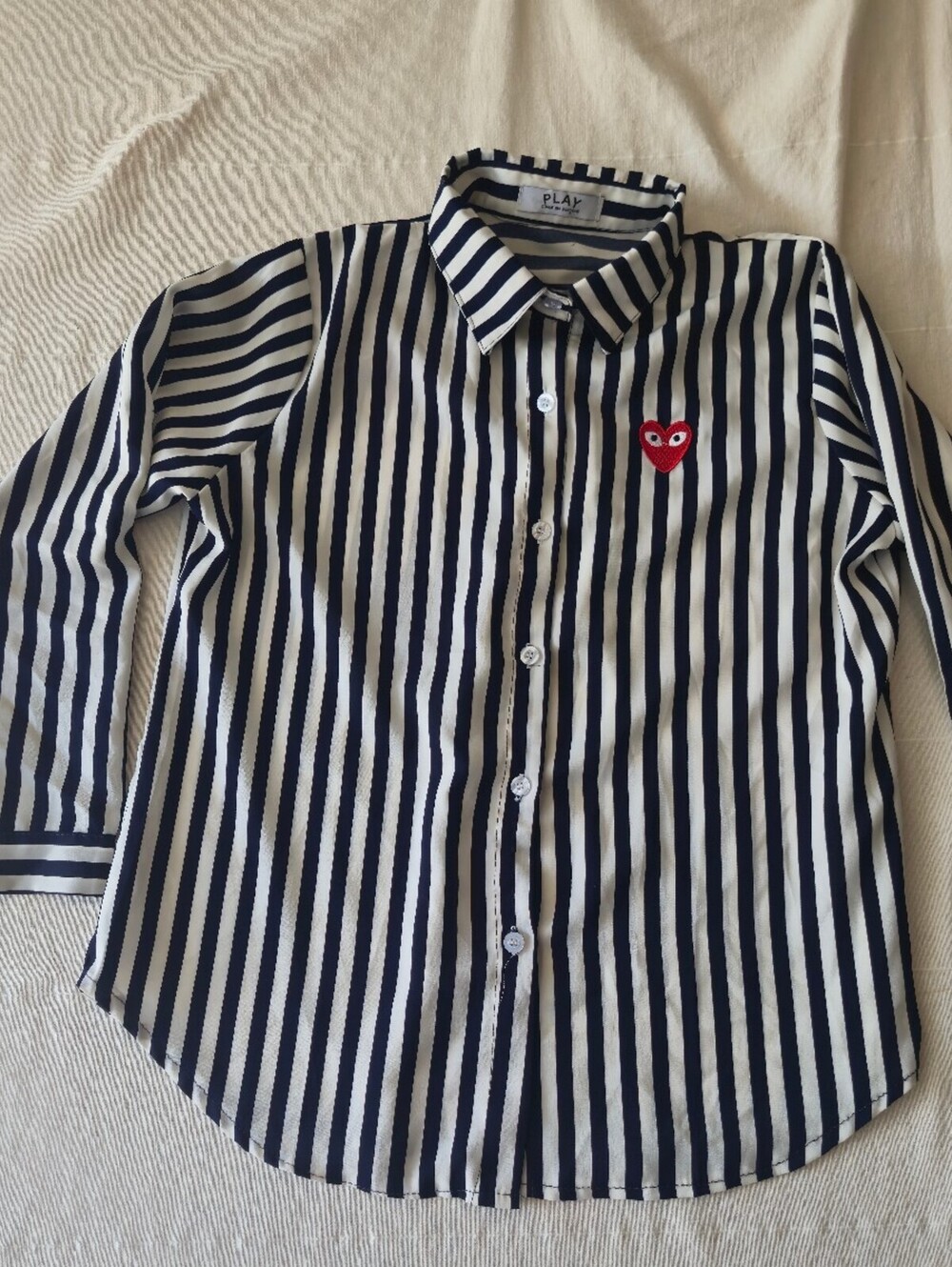 Comme des Garçons Play Striped Button-Up Shirt with Red Heart Logo